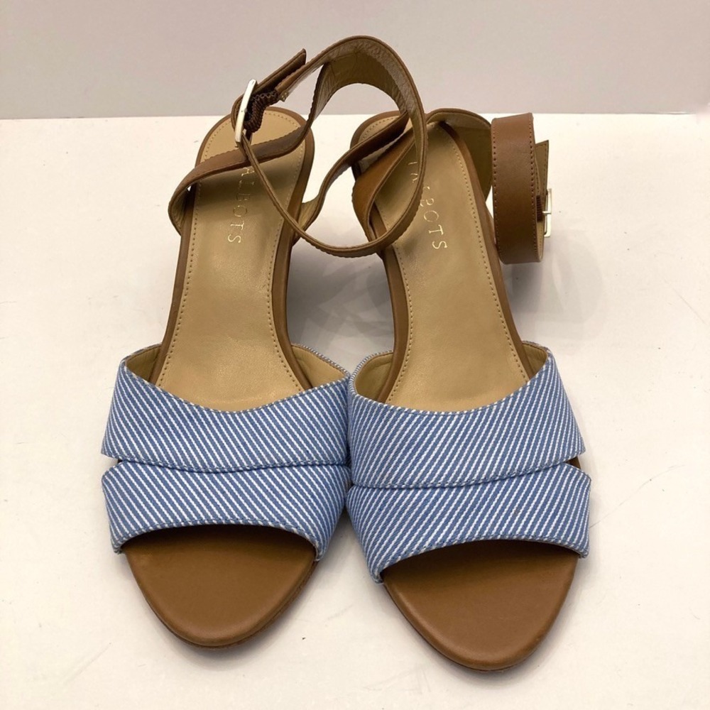 Talbots Vivian Blue Striped Sandal Tan Leather Ankle Strap Womens 8.5 Wedge Heel